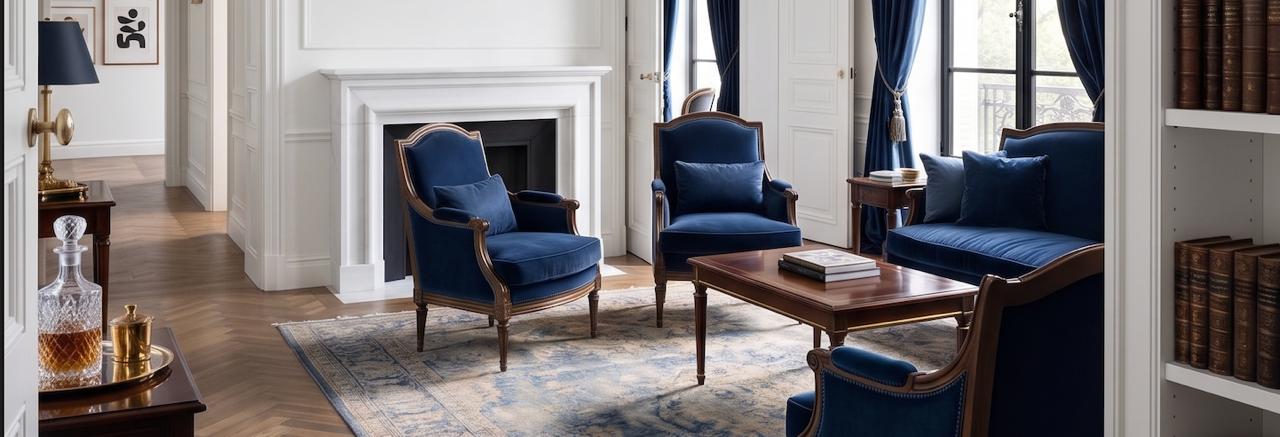 Intérieur bourgeois avec moulures, parquet, fauteuils bleu nuit et touches laiton