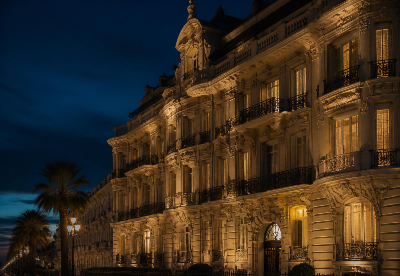 Immeuble Belle Époque à Nice au crépuscule